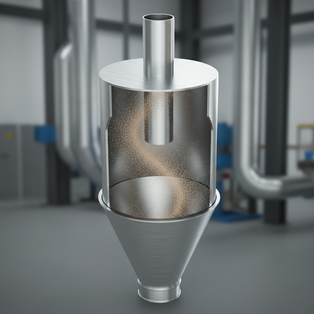 A detailed cutaway visualization of an industrial cyclone separator constructed from brushed steel, its conical body and cylindrical chamber clearly visible against a neutral, slightly blurred industrial backdrop of ducts and equipment. Fine dust particles are shown as subtle, semi-transparent specks spiraling downward along the inner wall, while a clean airflow rises through the central outlet pipe. Cool, directional lighting from the upper left creates defined highlights on the curved metal surfaces and soft shadows beneath the unit. Captured from a three-quarter elevated angle with sharp focus, photographic realism, and a clean, technical mood, the composition feels like an engineering catalog image for dust removal technology.
