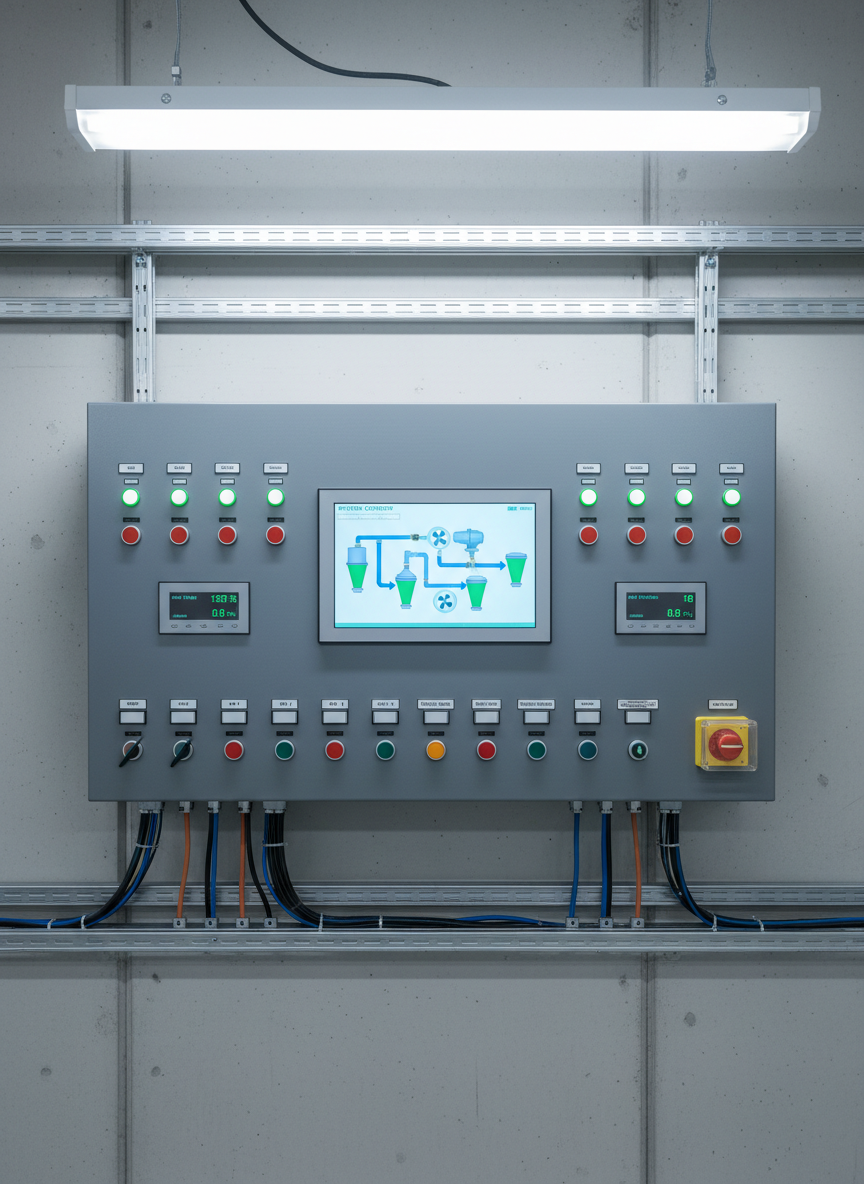 A control panel dedicated to an industrial dust removal system, featuring a clean gray metal enclosure with a smooth matte finish, neatly arranged indicator lights, digital displays, and labeled push buttons. A vivid schematic of the dust collection network glows softly on a built-in touchscreen, showing ducts, filters, and fans in clear colors. The panel is mounted on a tidy factory wall with cable trays and orderly conduits, lit by balanced cool-white overhead industrial fixtures. The image is shot straight-on with photographic realism, minimal distortion, and sharp focus, creating a calm, orderly, highly professional atmosphere suitable for illustrating system monitoring and automation in dust control.