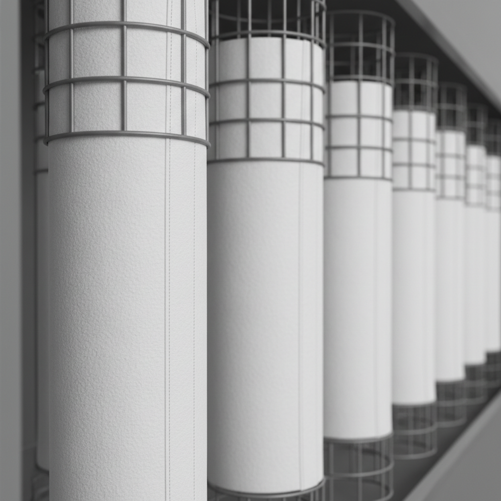 A close-up view of a row of industrial filter bags inside a dust collector, showing pristine white needle-felt fabric with fine, visible texture and neat stitched seams. The cylindrical bags hang vertically in a matte gray steel housing, illuminated by soft, even studio-style lighting that highlights the fabric structure and catches gentle highlights on the metal retaining cages. Background elements gradually fall out of focus, creating a subtle bokeh of additional filter rows. Shot from a slightly low angle for photographic realism, the mood is technical, precise, and informative, ideal for explaining filter media technology in a professional engineering context.